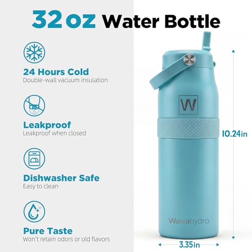 Image of 32 oz Insulated Water Bottle with Straw, Leakproof Stainless Steel Bottle with Handle, Non-Slip Silicone Sleeve, Internal Markings, Dishwasher Safe for Travel, Gym, Sports, Mint Blue