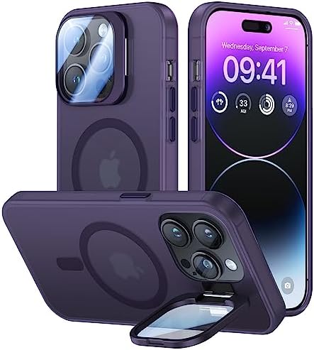 for iPhone 14 Pro Case with Camera Cover Stand [Built-in 9H Camera Lens Protector][Fit for Magsafe] Military Grade Shockproof Translucent Matte Magnetic Phone Case 6.1", Purple
