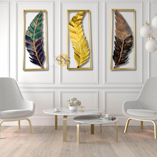 Image of SNS DECOR Metal Frame Leaf Set of 3 Wall Art Decorations | Modern Luxury Metal Wall Art Decor, | Perfect 3D Wall Sculpture For Living Room, Restaurant, Hotel & Office (Multi)