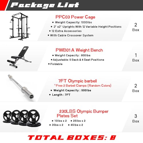 Image of RitFit Squat Rack Power Cage Home Gym Package, Includes 1000LBS Power Rack with Cable Crossover System, Weight Bench, Weight Plate Set with Olympic Barbell (Package 1.5K (Rubber Plate 230LBS))-Black