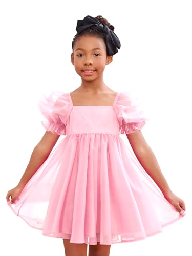 WDIRARA Girl's Mesh Short Puff Sleeve Square Neck High Waist Flared Hem Zipper A Line Dress