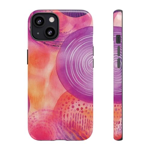 Coque iPhone 13 violette rigide brillante avec cercles aquarelles abstraites