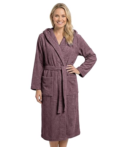 LAYNENBURG Peignoir de bain pour femme en tissu éponge 100 % coton certifié Öko-Tex - Peignoir doux avec capuche, ceinture et poches plaquées - Idéal pour...