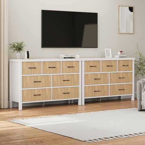 Jocoevol White Dresser 7 Drawer Dresser for Bedroom, Modern Fluted Dresser with Solid Wood Legs, Long Double Wooden Dresser Large Chest of Drawers for Living Room, Entryway, Hallway (Wood Fluted) - Image 9