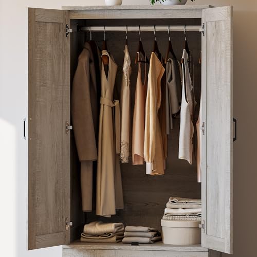 LIKIMIO Armoire Wardrobe Closet with 2 Doors and 2 Drawers 70" H x 28" W Wooden Bedroom Freestanding Wardrobe Combination for Hanging Clothes, Rustic Maple - Image 6