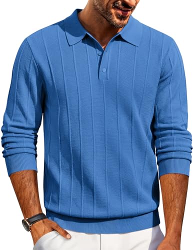 Polos de hombre COOFANDY de punto, manga larga, cuello tipo polo, suéteres casuales | Puños y dobladillo con alta elasticidad, textura tejida, ropa estilo Old Money, perfecto para casual y oficina