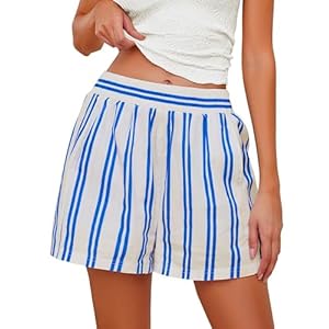 Women Striped Boxer Shorts Elastic High Rise Pull-On Wide Leg Casual Pajama Y2K Lounge Shorts with Pockets Sleepwear