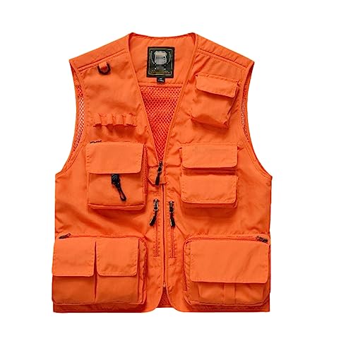 Men's Outdoor Vest Hiking Fishing Hunting Orange Multi-Pockets Waistcoat Quick-Dry Breathable