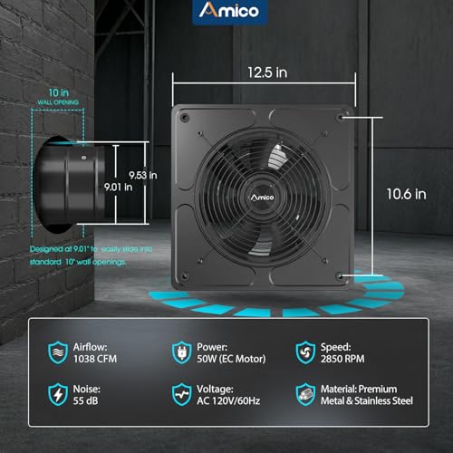 Amico 10" Kitchen Exhaust Fan with Remote, 1038 CFM High Airflow Extractor Fan, Energy Efficient 50W EC Motor Ventilation Fan for Garage, Attic & Greenhouse, 9-Speed, Timer, Low Noise 55dB, FCC, Black by Amico - Used condition - Image 7