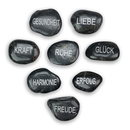 Intergarden Zierkies mit Gravur, Dekosteine 8 Stück, gravierte Steine mit Worten, Glückssteine, Deko Garten & Wohnung, Geschenkidee, Natursteine poliert, Steine mit Bedeutung, Deko Set