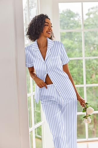 Image of Ekouaer 2 Piece Satin Short Sleeve Pajamas Set Button Down Sleepwear | Soft Pjs Set Classic Loungewear for Wedding, Party, Home, Daily Wear, Date Nights