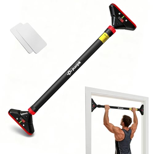 PURRGRIT Barra de dominadas para puerta sin tornillos, ancho ajustable (74-95 cm), capacidad de 200 kg, con bloqueo de 360° y 2 acolchados de espuma extra para una máxima protección del marco de la