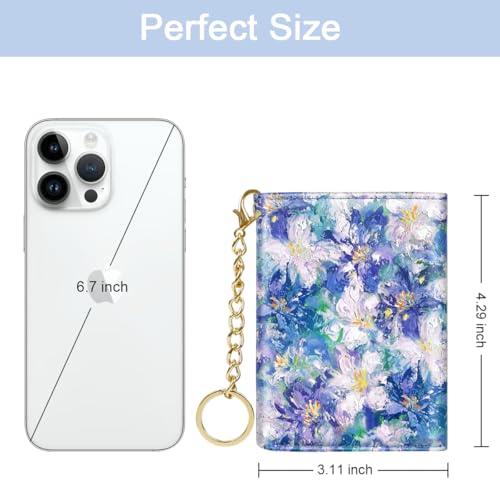 Image of Trifold Womens Wallet Small Slim RFID Blocking Card Wallet Cute Credit Card Holder Leather Mini Purse with Cash Pocket 7 Card Slots ID Window, Blue Flowers