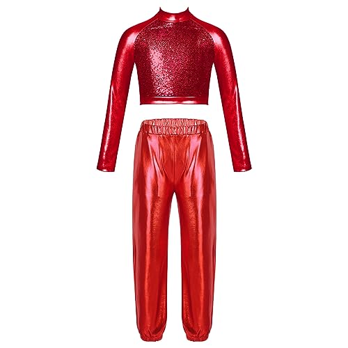 JanJean Kids Girls 2Pcs Dance Tracksuit Shiny Metallic Crop Top with Athletic Sweatpants Jazz Hip Hop Jazz Dance Costume Red 6 Years