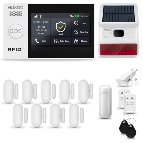 HUXGO® HXA007 Funk Alarmanlage Set WiFi + GSM mit Solar Alarmsirene | Alarm System mit Bewegungsmelder, 9X Fensteralarm/Türsensoren | Alarmanlage fürs Haus, Wohnung, Wohnmobil | Smart Home