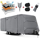 Fonzier Heavy Duty Travel Trailer Cover RV Cover Upgraded 5 Layers Top Anti-UV Camper Cover for 24'1' - 26' Motorhome with 4 Gutter Spout Covers Tongue Jack Cover 2 Windproof Straps (24'1' - 26')