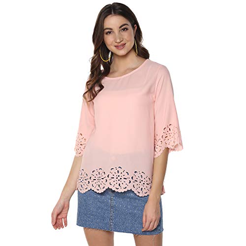 Image of mayra Women's Pink Color 3 /4 Sleeve Laser Cut Out Top
