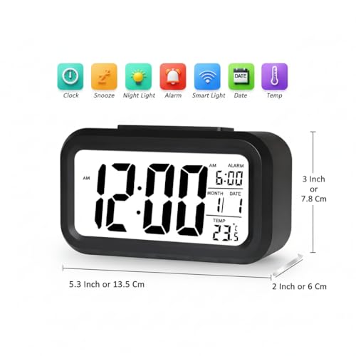 Image of Auromin Digital Alarm Clock with Auto Sensor, Time, Date, Temperature Display & Silent Operations | Loud Alarm for Heavy Sleepers | Desk Table Clock for Students, Bedroom, Office