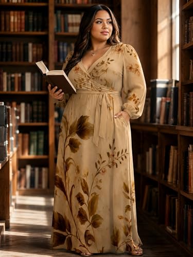 Image of PinkPatty Women's Long Sleeve Maxi Dress Plus Size Casual V Neck Wrap Dress with Pockets&Belt