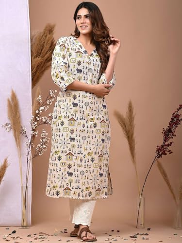 Image of Rimeline Women's Cotton Tribal Printed Kurta with V-Neck | Straight Fit Ethnic Kurti for Casual, Office