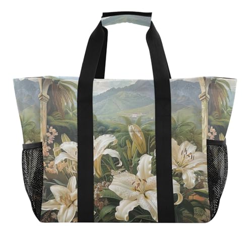 YETTASBIN Lily Flower Large Foldable Travel Tote Bag, Lightweight Waterproof Swim Pool Bag with Handles & Pocket for Beach Outdoor, Reusable Grocery Bag for Kitchen, Shopping2