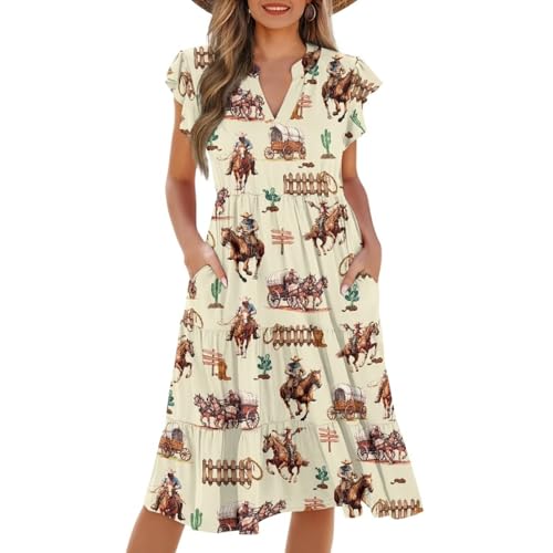 Image of Women's Casual Ruffle Sleeve Dress V Neck Pullover Dress Flowy A-Line Pleated Lightweight Dress with Pockets