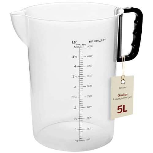 KONZEPT Jarra medidora 5 L – apta para contacto con alimentos, resistente a químicos, apta para lavavajillas, con asa, escala en ml y litros, ideal para jardín, agricultura y hostelería
