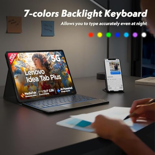 Image of HOM Tri-Fold 7-Colour Backlight Detachable Wireless Bluetooth Keyboard with Trackpad /Touchpad Tablet Cover Case for Lenovo Idea Tab Plus 12.1 inch - Black
