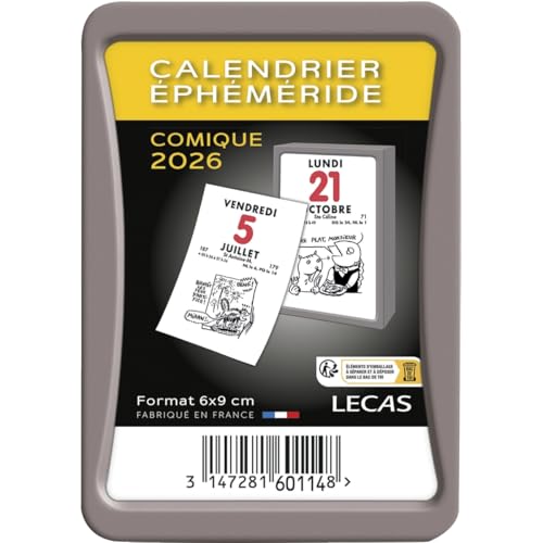 1 Bloc Calendrier Ephéméride Journalier 2026 à effeuiller – Format : 6x9cm - Comique - Boitier beige ou anthracite - Lecas