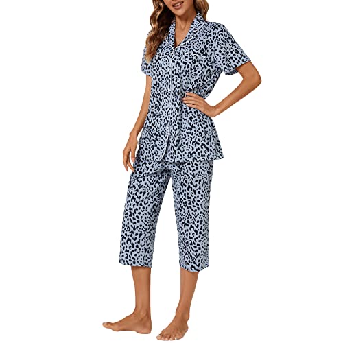 Image of Tugege Capri Pajamas Set Womens Button Down Short Sleeve Lounge Sets Sleepwear Notch Collar Top & Capri 2 Piece PJ Sets