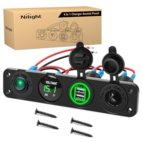 Nilight 4 in 1 ON Off Charger Panel Dual USB Power Outlet Green LED Voltmeter and Cigarette Lighter Outlet LED Lighted On-Off Rocker Toggle Switch for Truck Car Marine Boats RV