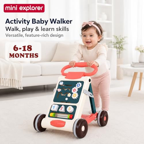 Image of MiniExplorer Baby Activity Walker for 6-15 Months, Foldable Push Walker for Babies, Toddler Learning Walker with Activity Panel, Walker for Boys & Girls, Anti-Slip Wheels & Interactive Toys - Beige