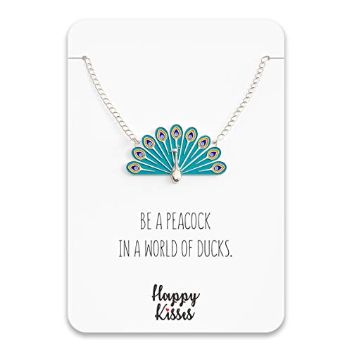 Happy Kisses Peacock Necklace with Gift Card– Stunning Teal Blue Feathers Jewelry Pendant, Silver or Gold Plated – Charm for Girls and Women2