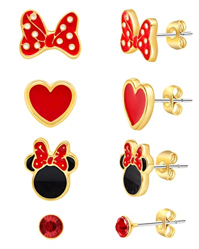 Disney Minnie Mouse Earrings 4-Pack Official License, Red Crystal and Enamel-Plated Stud Earrings