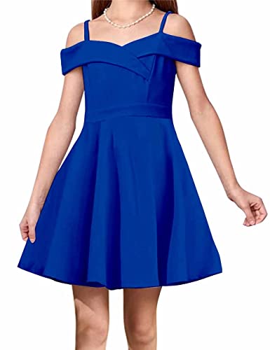 Image of LuckyShe Girls Elegant Princess Cold Shoulder Fold Pleated High Waist Flared A Line Party Dresses,8-14 Years