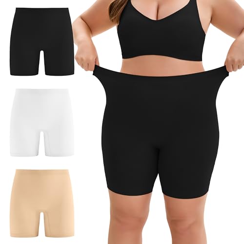 INNERSY Plus Size Womens XL-5XL Slip Shorts for Under Dresses Anti-Chafing Smooth Summer Shorts 3-Pack(Black White Nude 3X-Large)
