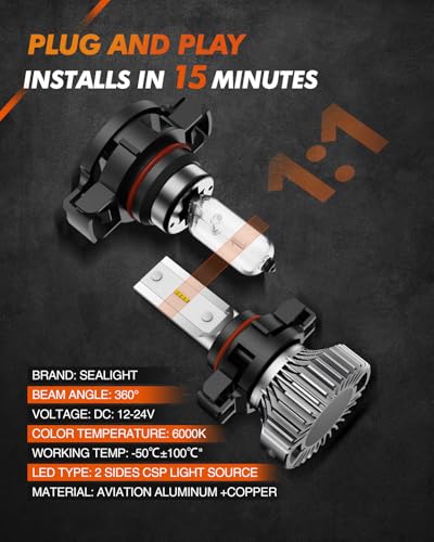 Image of SEALIGHT 5201 5202 LED Fog Light Bulbs or DRL, 400% Super Brighter PS19W PS24W Fog Light Bulb for Car, 6000K Xenon White, 16 CSP Chips Fog Lights LED, Pack of 2