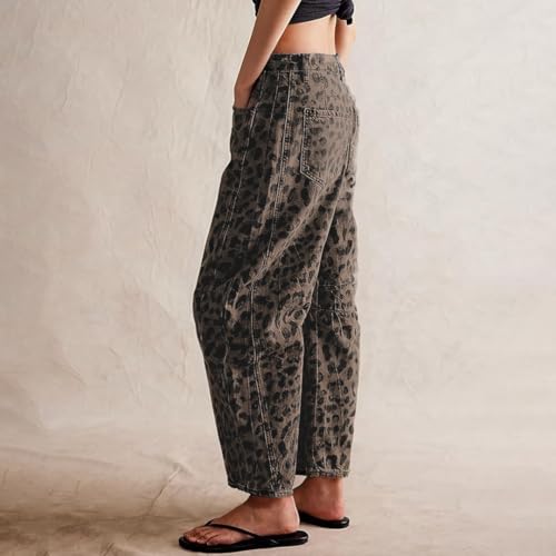 Women's Mid-Rise Barrel Jeans Vintage Leopard Printed Baggy Cropped Wide-Leg Denim Ankle Pants Boyfriend Jeans2
