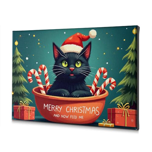Toile murale chat noir dans un bol de Noël PKRD WTD de 40x60 cm pour décoration festive