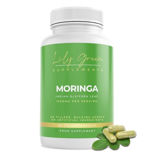 Lily Green Organic Moringa Capsules | 1500mg per Serving Amino Acid Supplements | Rich in Vitamins, Calcium, Iron, Potassium & Antioxidants | No Artificial Additives | 90 Vegan Capsules | Made in UK