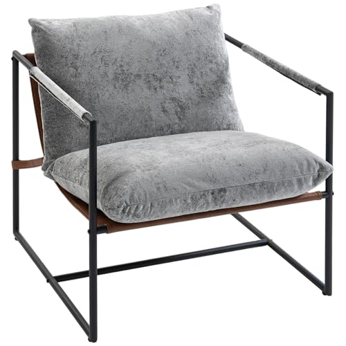 HOMCOM Fauteuil Salon, Fauteuil d'appoint rembourré en Velours imprimé avec Large Assise et Structure en Acier, Chaise de Salon, Chambre, Coins Lecture, Gris...