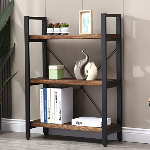 WH-AOERPUMY Natural Real Solid Wood Bookcase,3 Tier Metal and Wood