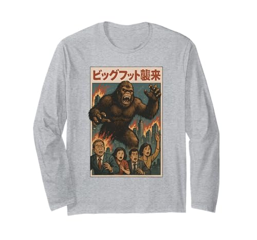 Retro Japonés Bigfoot Attack Gráfico Urbano Monster Vintage Manga Larga