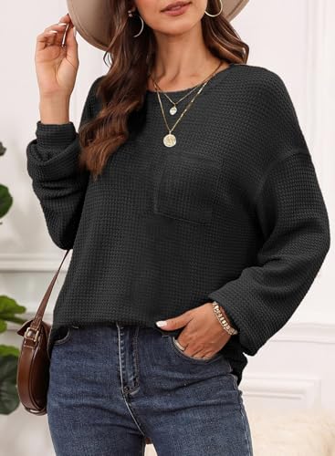 Image of Dokotoo Womens Waffle Knit Tops 2026 Oversized Long Sleeve Crewneck Shirts Business Casual Blouses Basic Shirts