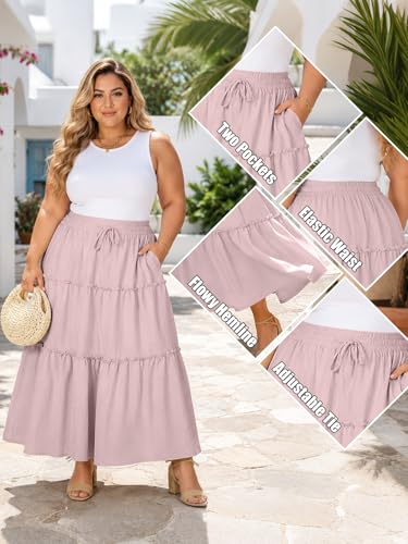 Image of Moon Wood Plus Size Maxi Skirts for Women Trendy Long Flowy Boho Tiered Skirt Renaissance Summer Beach Skirt with Pockets