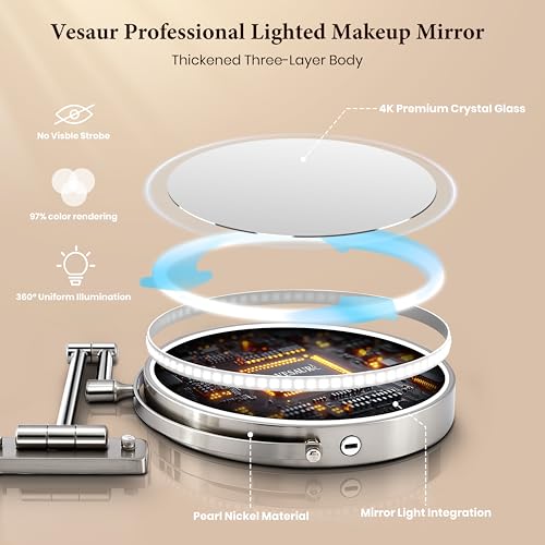 Espejo de maquillaje redondo de pared con luz 9 pulg. miniatura 5