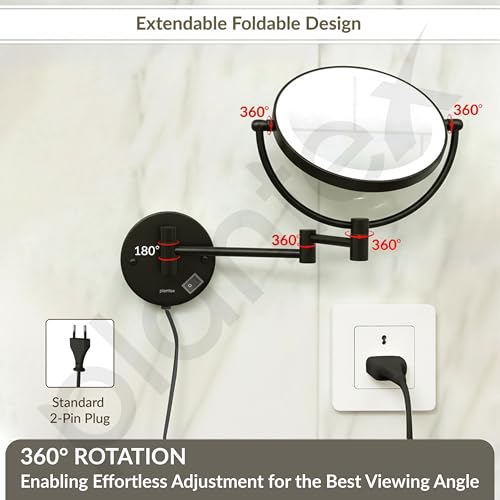 Image of Plantex Brass and 304 Stainless-Steel Magnifying Mirror with LED /Wall Mount Makeup Mirror with Light /Zoom Mirror- 5x /1x Magnification (8 Inch-Black)