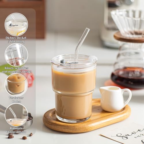 INSETLAN 380ml Glatt Glasbecher mit Deckel und Strohhalm,2 Stück Luftdicht Wasserdicht Design Matcha Gläser, Trinkbecher mit Deckel und Strohhalm Travel Mug, Eiskaffee Becher – Bild 3
