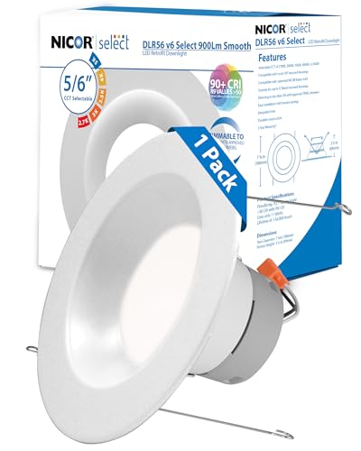 Recessed Ceiling Lights LED Downlight - Dimmable 5/6 inch LED Recessed Light Fixtures - Selectable CCT 2700K-5000K 918 Lumens 10.3W - DLR56 Retrofit Ceiling Light White 1-Pk by NICOR Lighting