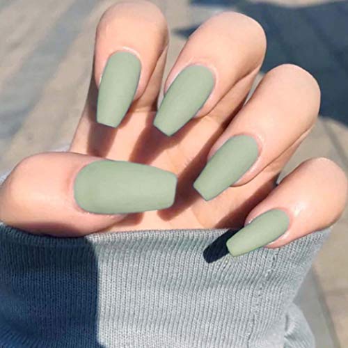 Geroki Coffin Press on Nails Long Fake Nails Ballerina Matte Artificial False Nails Full Cover Art Tips Sets Acrylic Art Accessories Faux Nails for Women and Girls 24Pcs (Green)